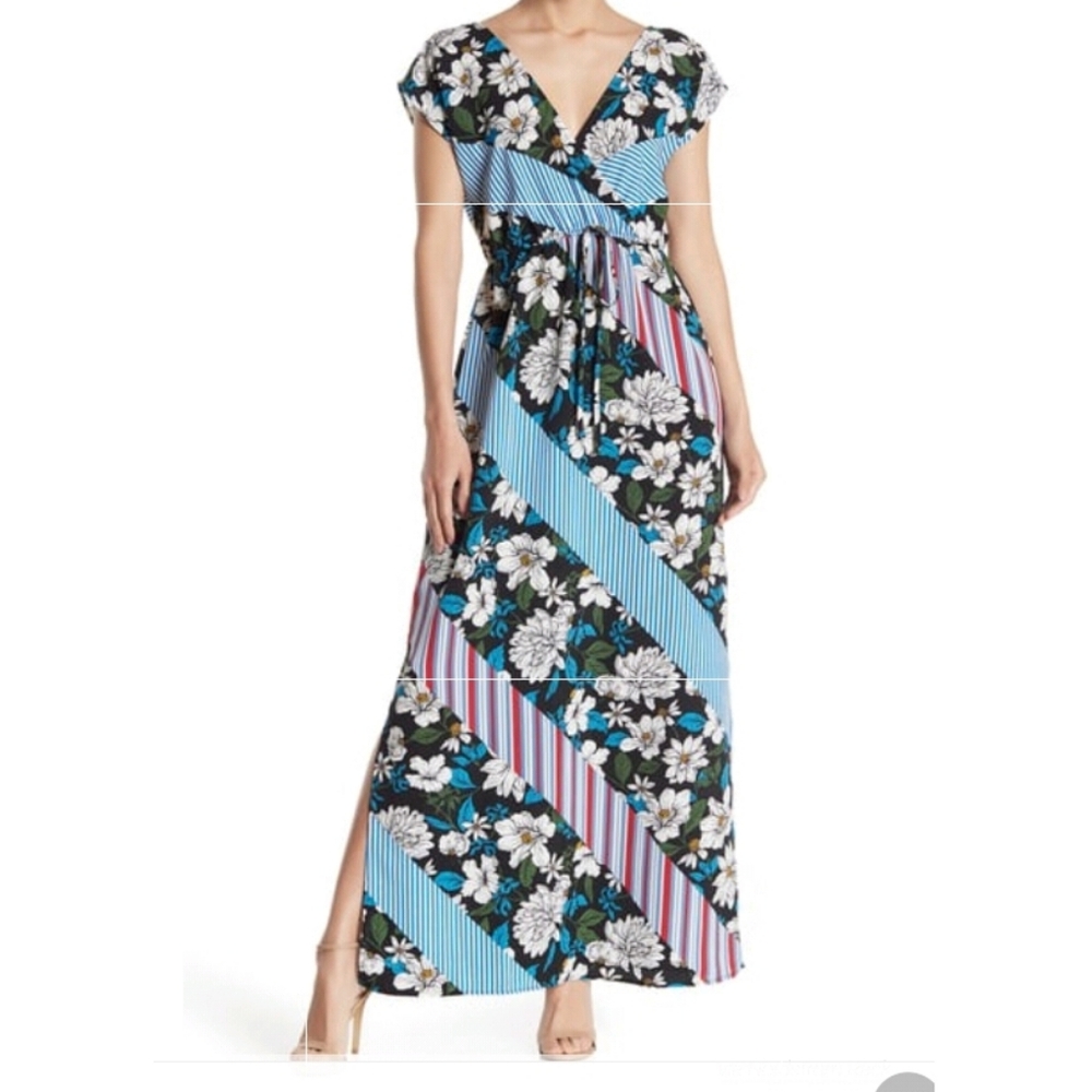 NWT Bobeau Floral Striped Surprise Dolman Maxi Dress Blue Red White Size S